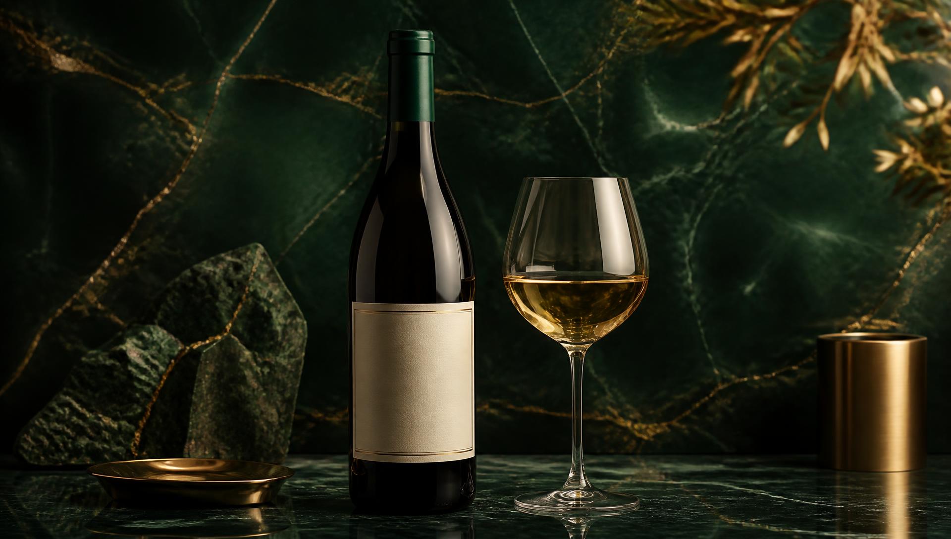 Elegant wine bottle and glass against deep jade marble